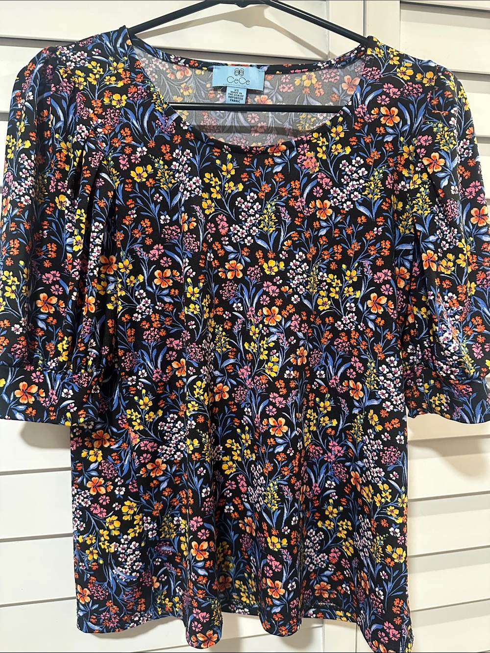 CeCe Black Floral Scoop Neck Blouse with Yellow, Orange, Pink and Blue Flowers